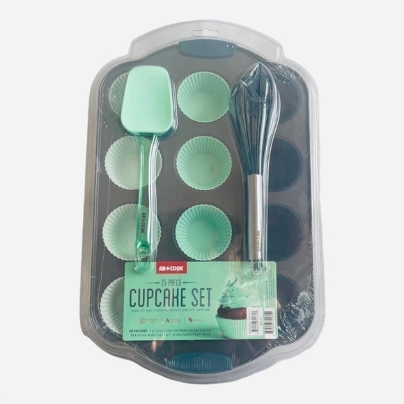 NIB Art+Cook 15-Pc Cupcake Pan Silicone Liners & Tools Set Mint Green Baking Set - Picture 3 of 5